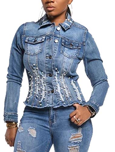 Senight Denim Jacket For Women Distressed Pearls Beading Jeans Coat Denim Long Sleeve Jean Jackets #TOP1
