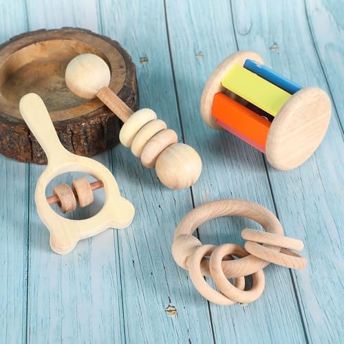 Image of Babbles Wooden Rattle Set for Babies 0-6 Months | 6-12 Months, Baby Toys for Sensory Development, Newborn Baby Gift Set (Ring+Dumbbell+Rolling+Micky Head)