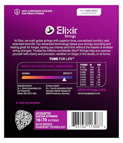 Image of Elixir Strings, Acoustic Guitar Strings, 80 /20 Bronze with NANOWEB Technology, Longest-Lasting Bright and Focused Tone For Life with Comfortable Feel, 8-String Set, Baritone 16-70