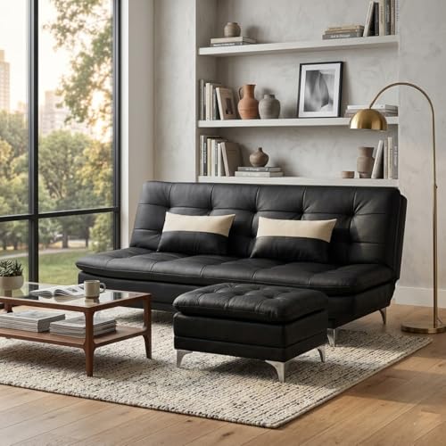 Image of FURNY Supersoft 3 Seater Leatherette Sofa Cum Bed with Ottoman (Black) Premium Finish with Extra 2 Cushions | Ideal for Living Rooms, Bedrooms, Offices