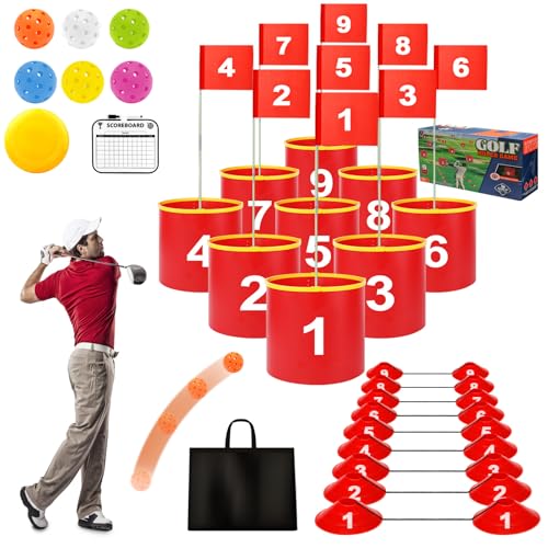 FINCOME Golf Yard Bucket Games 9 Holes Golf Practice Game with Flag, Golf Chipping Game for Kids and Adults Outdoor Indoor Portable Backyard Golf Game for Park, Beach, Backyard, Lawn