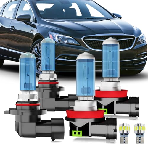 AOXMNDS Halogen Headlight Bulb Compatible With Buick LaCrosse 2014-2016, 9012 High Low Beam + H11 Fog Lights + License Plate Lights, 6000K White, Plug And Play, Pack of 6