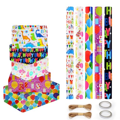 YSWOVUO 5 Rollen Geschenkpapier für Junge - Dino Design 300cmx43cm mit 2 Hanf Seil und 2 Klebeband für Kinder Geburtstag Party