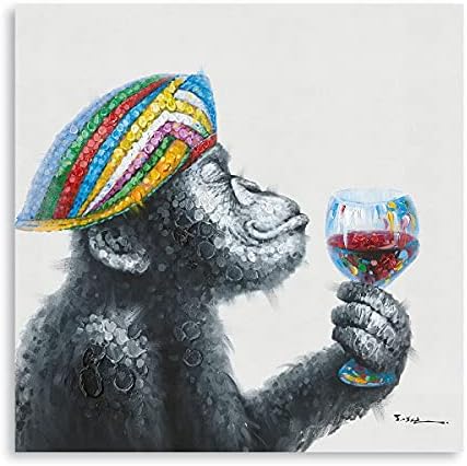 Yidepot Chimp Wine Canvas Wall Art: Handpainted Monkey Decor Wearing Colorful Funky Hat Hanging Wine Glass Painting for Boys’ Bedroom Framed Ready to Hang (12″x12″x1 Panel)