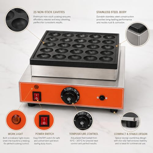 Image of Commercial Mini Pancake Maker, Electric Dutch Pancake Machine with Multi Cavity Plate, Fast Heating Baker for Cafe Restaurant