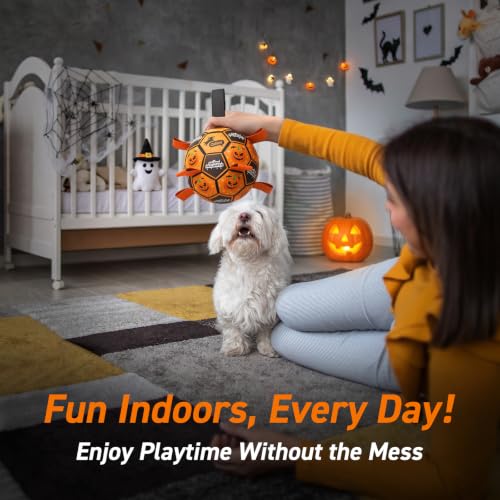 Image of QDAN Halloween Dog Toys, Soccer Balls with Straps, 8 Inch Interactive Toys | Large Dog Herding Balls for Tug of War, Durable Ropes Toys for 30-90 lbs Dogs, Outside Training Chase Toy, Puppy Birthday