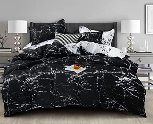 RENKTE Black Duvet Cover Marble Full Size Bedding Sets Black Marble Duvet Cover Black and White Bedding Cover Modern Men Women Teen Boy Gothic Marble Bed Abstract Black Marble Bedding FLL Sets