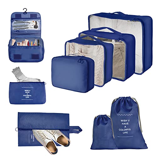 JOPHEK Organizador de Equipaje 9 Sets, Impermeable Packing Cubes Bolsas Ropa Viaje, Organizador Mochila Maleta Viaje, Para Ropa, Ropa Interior, Bolsa Zapatos Viaje, Cosméticos, Azul Marino