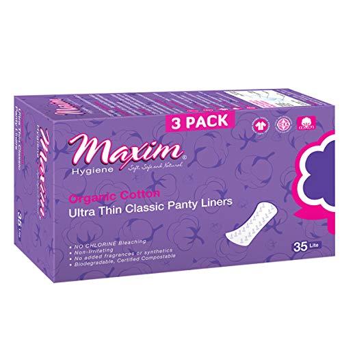 Maxim 100% Certified Organic Cotton Ultra Thin Pantiliners, Unscented, Light Absorbency, Secure Fit, Anatomical/Peanuts Shape, Ultra-Comfort, Feminine Care Pads, 105ct, 3 Packs
