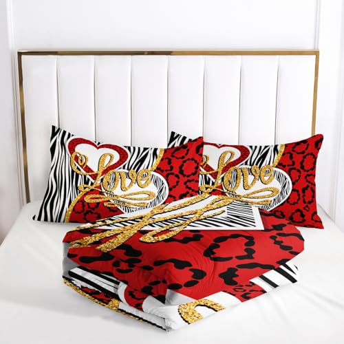 Image of AILONEN Couple Lover Bedding Set Queen Size,Black White Red Romantic Hearts Printed Comforter Set 3 Piece,Modern Bedroom Decor Soft Comforter with 2 Pillowcases