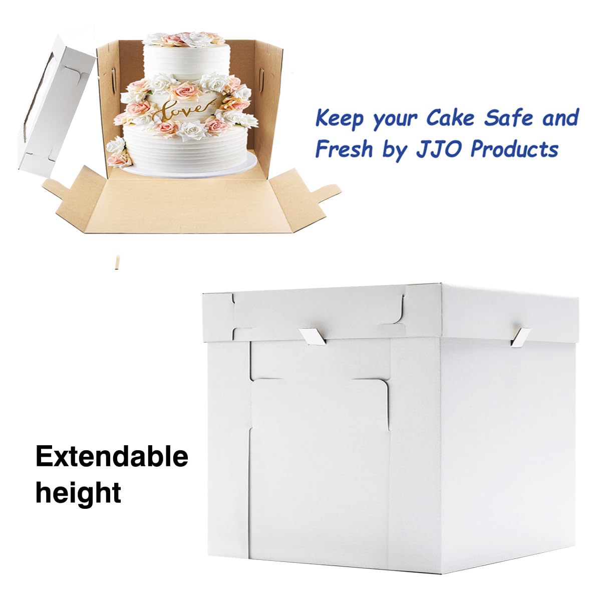 JJO Cajas altas para pasteles de nivel, 14 x 14 x 12 pulgadas, paquete de 3 cajas escalonadas para tartas con ventana, contenedores desechables para tartas, soporte alto resistente, portador de