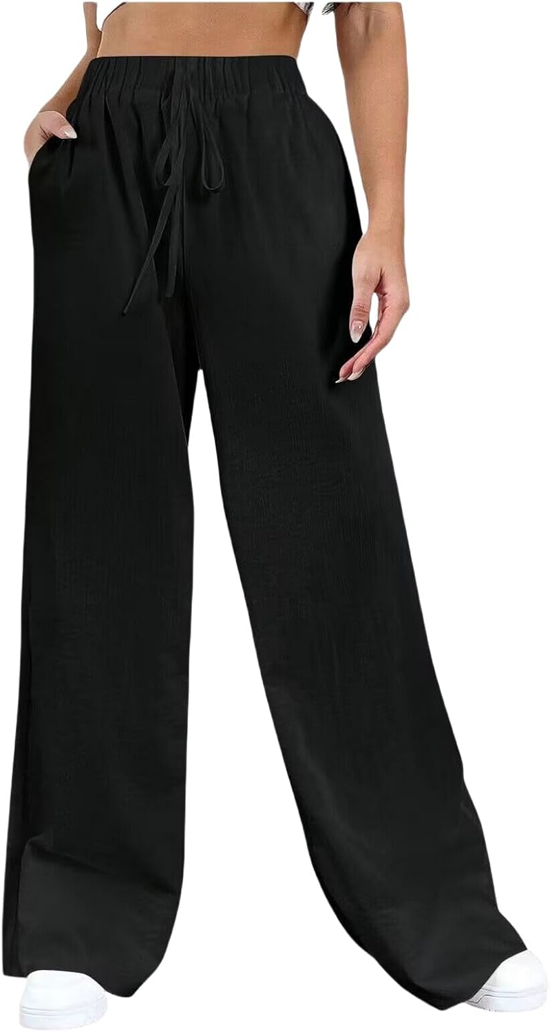 Womens Linen Pants Summer Elastic Waist Wide Leg Pants High Waist Palazzo Beach Vacation Trousers Loose Fit Trousers