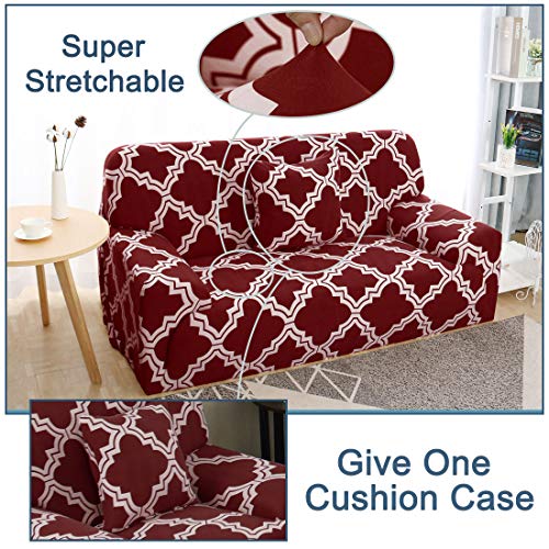 Uxcell Printed Sofa Cover Stretch Couch Covers Universal Grid Pattern Slipcover Furniture For Living Room With One Free Pillow Case (Wine Red White, Large) #TOP2