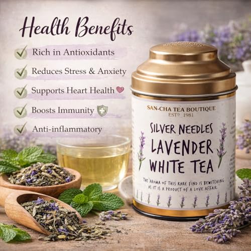 Image of SAN-CHA Tea Boutique | Lavender White Tea | Silver Needle Loose Leaf | 25g | Floral, Delicate Tea | Supports Calmness & Relaxation | Since 1981