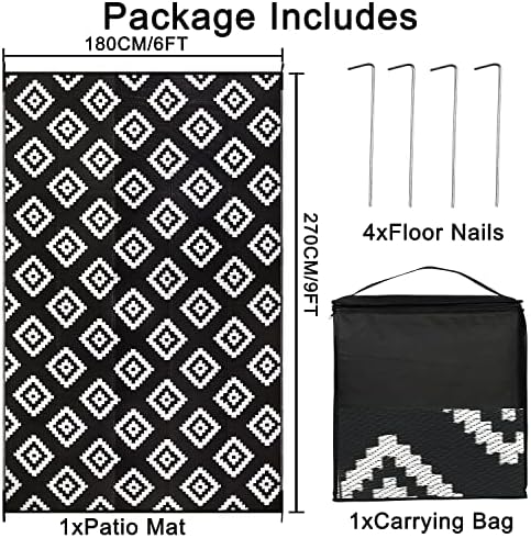 Homcomodar Outdoor Rug for Patio Clearance 180x270cm Plastic Straw Rug UV Resistant Camping Mat Waterproof Patio Rug Reversible Mat for BBQ Picnic Balcony Beach Deck(Black)