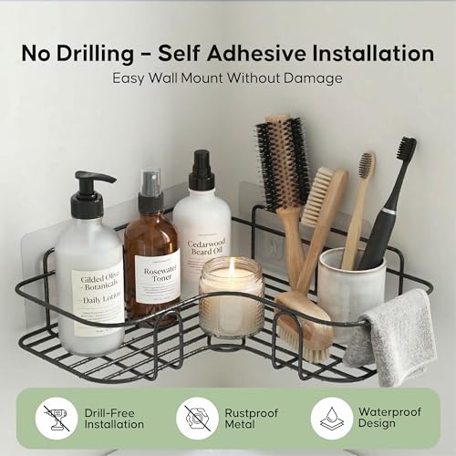 Image of DALUCI Set of 2 Metal Bathroom Corner Shelf Rack | No Drilling Self Adhesive Wall Mounted Storage Organizer for Bathroom & Kitchen | Rustproof Bathroom Shelves (8 & 9 INCH, Black)