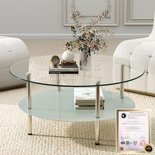 BTYJLEBE ガラステーブル ローテーブル リビング【6mm防爆・耐火・耐摩耗・強化ガラス】広々透明天板｜安心の安全設計｜耐荷重100kg 幅80cm x 奥行80cm 円形 クリア - BTYJLEBE - 商品画像