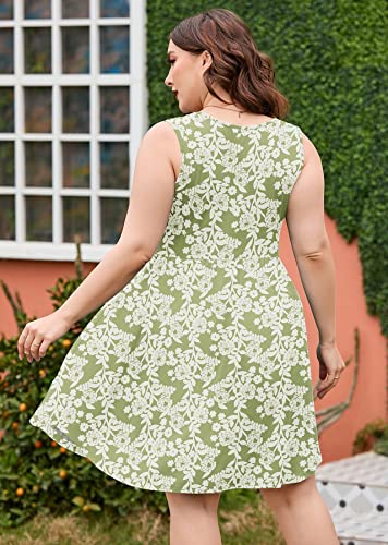 Image of AusLook Plus Size Summer Tank Dress for Women Casual Sleeveless Crewneck Pleated Babydoll Swing Sundresses with Pockets 1X-5X