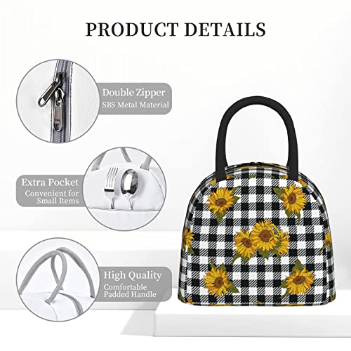 Niuyoif Buffalo Plaid Sunflower Lunch Box Reusable Insulated Waterproof Lunch Bag Cooler Tote Box With Pocket Zipper Closure For Women Men Kids Work/Travel/Picnic/School thumb #4