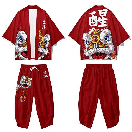 Image of DOSLAVIDA Men's Japanese Kimono Jacket Set Stylish Open Front Coat With Shorts Chinese Style Printed Cardigan Suit