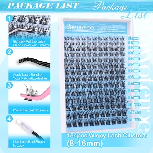 Pawotence Wispy Lash Clusters Natural Cluster Eyelash Extensions 154pcs Individual Lashes 8-16mm Cluster Lashes Extension DIY False Eyelashes Soft Comfortable Natural Eyelash Clusters with Thin Band
