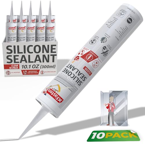 Image of XFasten Clear Silicone Caulk Neutral Cure 10.1 oz (10-Pack) 100% Waterproof Silicone Sealant, Crack and Shrink Resistant, Low Odor, Strong Adhesion Caulking for Kitchen Bath Window Shower Outdoor Use