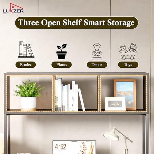 Image of Lukzer Wooden Study Table with Bookshelf & Hutch | MST-011 /Black & Black | Engineered Wood & Metal Office Desk with 3 Storage Shelf for Home | Writing & Computer Table for Laptop (105x103x50 cm)