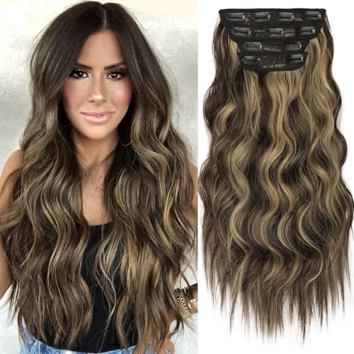 Image of KooKaStyle Wavy Thick Clip in Hair Extensions 20 inch Brown mix Sandy Blonde | 4 Pieces Clip in Extensions,Fiber Double Weft Hairpieces,Natural Volume,Beach Wave Long Synthetic Hairpieces for Women