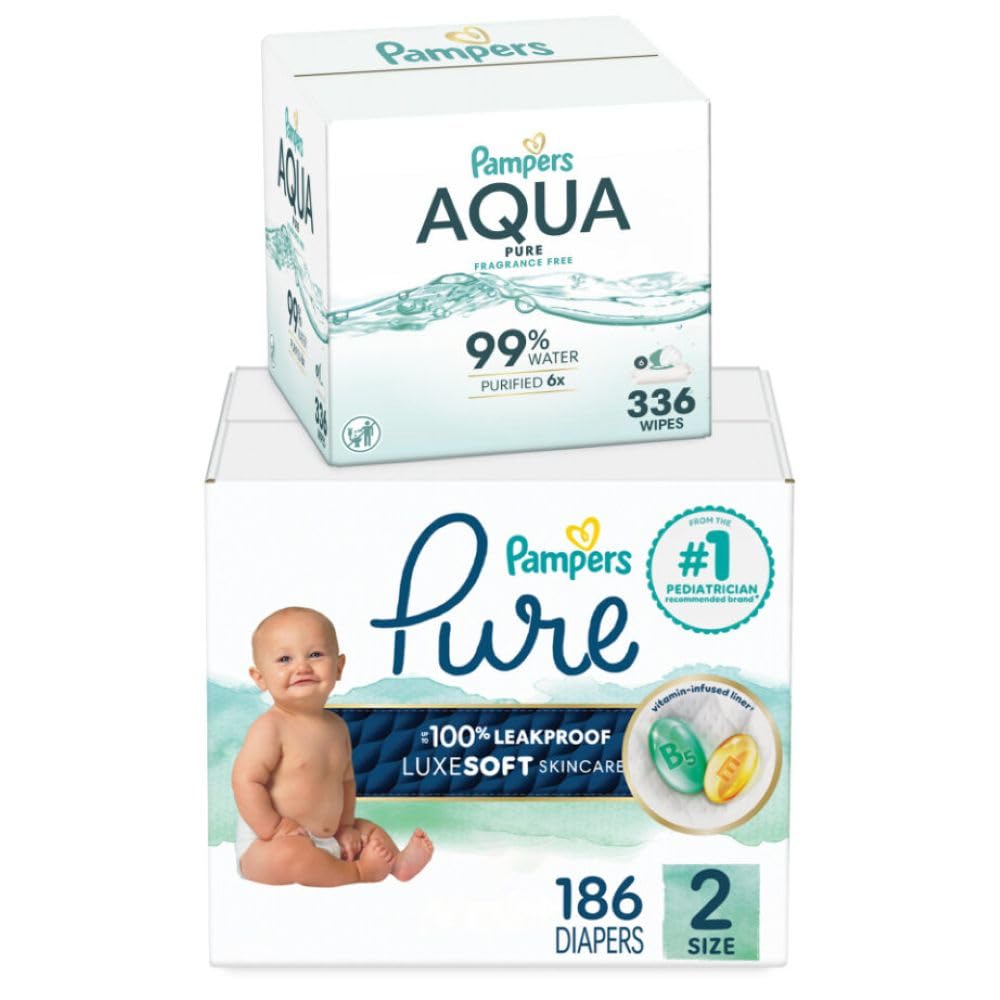 Pampers Pure Protection Disposable Baby Diapers Size 2, One Month Supply (186 Count) with Aqua Pure Baby Wipes, 6X Pop-Top Packs (336 Count)