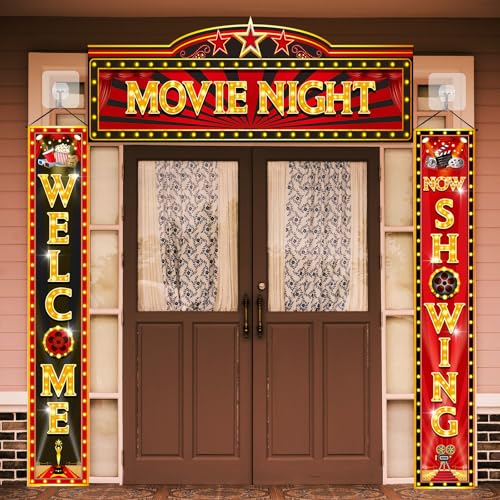 Funnymoom 3 Pcs Movie Night Porch Banner Decorations Movie Theme Party Hanging Banner Welcome Now Showing Sign Door Decor for Theater Photography Background Party Supplies