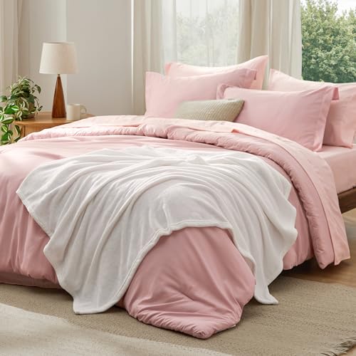 Image of Bedsure Twin Comforter Set Pink, 6 Pieces Prewashed Twin Size Bed in a Bag with Soft Fleece Bed Blanket, Down Alternative Bedding Set for All Seasons, Sheets, Pillowcase & Sham