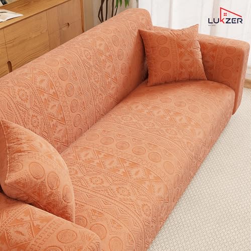 Image of Lukzer 2 Seater Pastel Orange Tribal Pattern Sofa Cover | 240 GSM Universal Stretch Fit Jacquard Fabric Couch Protector | Fully Covered Anti Slip & Washable Sofa Cover (140-180cm /SC-074-02)