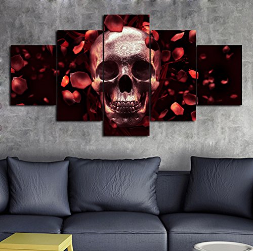 Red Rose Painting On Canvas Skull Feature Skeletons Design Wall Art,Petal Giclee Day Of The Dead Artwork Pictures Abstract Framed Decor For Living Room 5 Panel Stretched Ready To Hang(50''Wx24''H) #TOP4