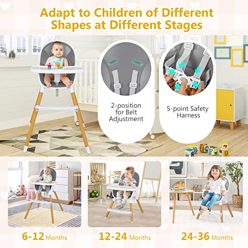 Honey Joy High Chair, 3-In-1 Eat & Grow Highchair/Booster Seat/Toddler Chair W/Removable Tray, Safety Harness, Steel Legs, Pu Cushion And Footrest For Baby, High Chair For Babies And Toddlers (Gray) #TOP5