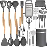 Silicone Cooking Utensils Kitchen Utensil Set, AIKKIL 32pcs Non-stick Kitchen Cooking Utensil Spatula Set with Holder, Heat Resistant Wooden Handle Kitchen Gadgets Tools Set (Grey)