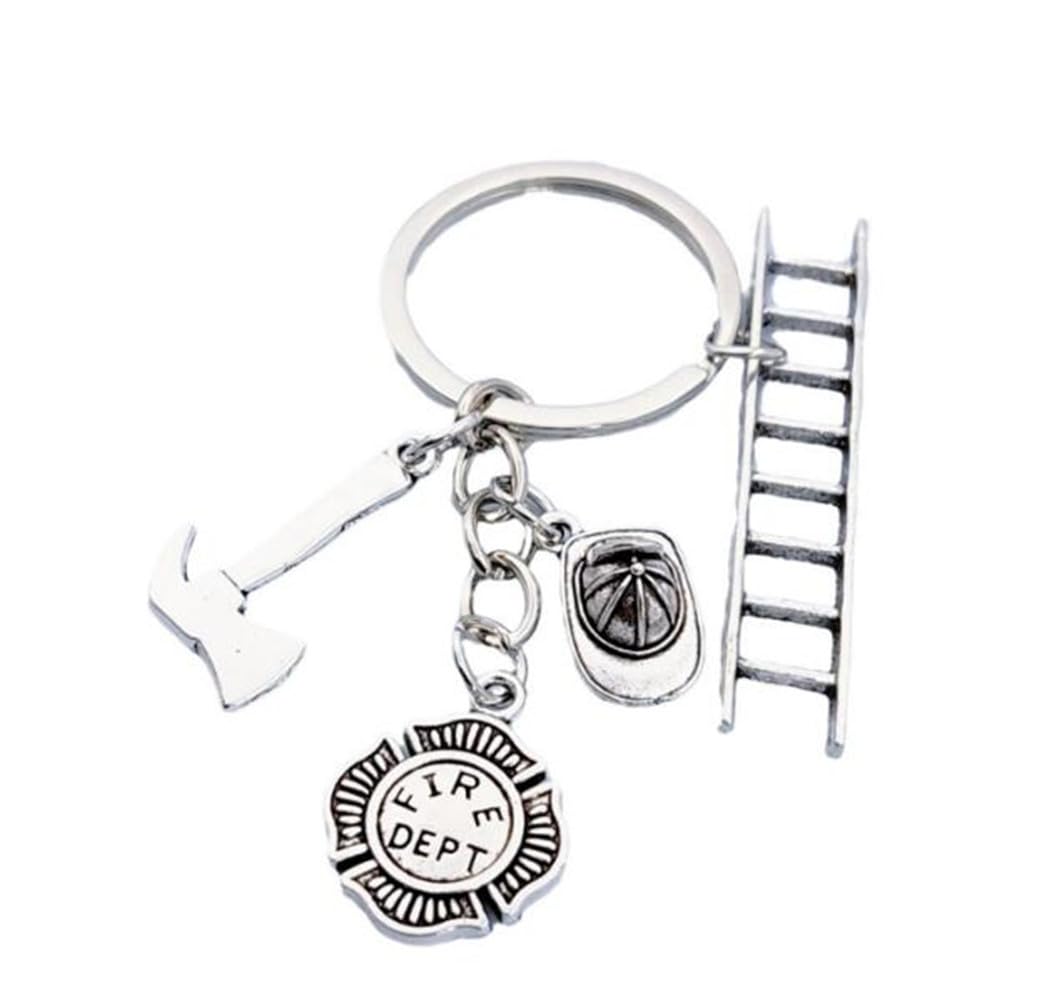 Institizer Unisex Silver Firefighter Keychain Keyring Fire Hat Firefighter Fire Department Fire Extinguisher Fire Truck Charm Be Safe Gift Axe Helmet Badge Extinguishing Hero Commemorative Gift