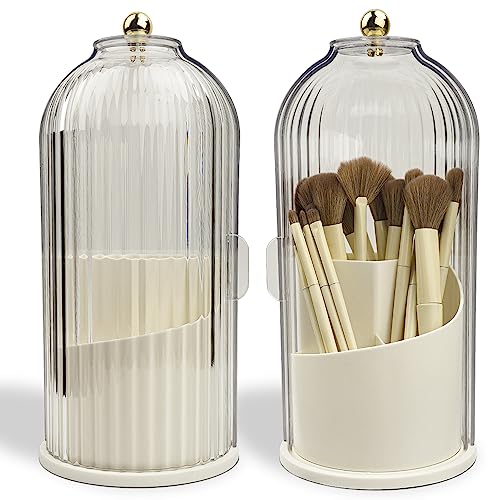 Ezebesta Makeup Brush Holder Organizer with Clear Lid 360 Rotating Sliding Opening Dustproof Brushes Container for Vanity