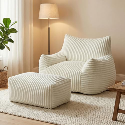 GRAVFORCE Schlafsofa mit Rückenlehne und Fußstütze, XXL Sitzsack Sessel mit Hocker für Erwachsene, Relaxsessel Lazy Sofa, Indoor-Sitzkissen für Schlafzimmer Wohnzimmer, Wintergarten, Weiß