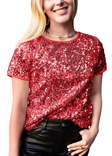 Anna-Kaci Women's Sparkly Sequin Top Short Sleeve Glitter Concert Party Disco Shirt Blouse, Red, Medium