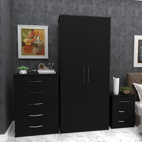 Ready 3-Piece Bedroom Furniture Set, 2-Door Wardrobe 78cm, 5-Drawer Chest 72cm, 3-Drawer Bedside 40cm (Black)