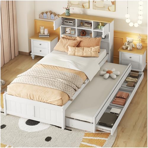 Lubvtti Cama Infantil con Cama Nido y Tres cajones, Cama Individual 90 x 200 cm,con Varios Compartimentos de Almacenamiento en el cabecero de la Cama,Blanco