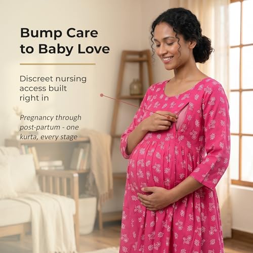 Image of CEE 18 Cotton Rayon A-Line Flaired Maternity Feeding Kurti for Women with Zippers | Pregnancy Dress for Women | Breastfeeding Dress for Women | Nursing Dress for Women Pre and Post Pregnancy