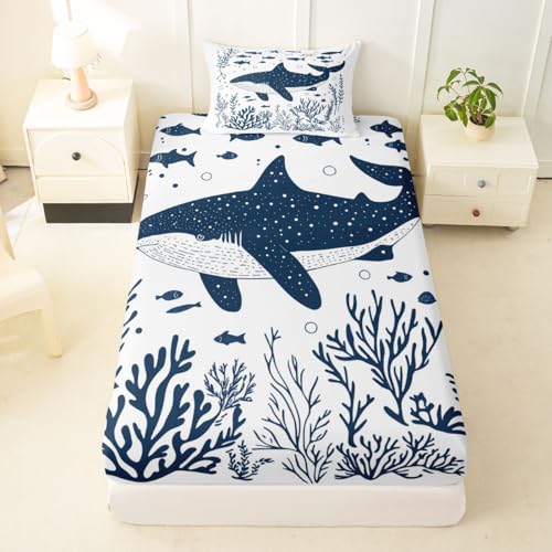 Image of jejeloiu Dolphin Bed Sheets Sets Queen Size Kids Boys Girls Sea World Bedding Set Summer Bed Sheet Set with 16-Inch Deep Pockets Tropical Ocean 4Pcs with 2 Pillow Cases