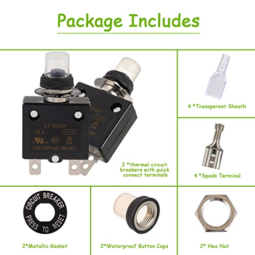Eplzon 10A Manual Reset Push Button Circuit Breaker 125/250V Ac 50V Dc Thermal Overload Protector With Quick Connect Terminals And Waterproof Button Caps Assortment Kit(Pack Of 2 Pcs) #TOP5