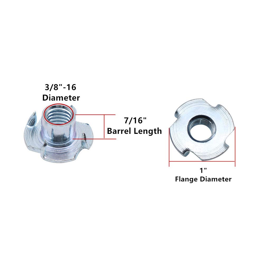 30Pcs 3/8"-16 Tee T-Nuts 4-Pronged Zinc Plated Steel, 7/16" Barrel Length