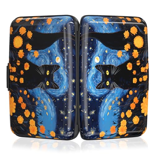 Image of Rimilak Aluminuml Credit Card Holder, Mini Credit Card Wallet RFID Blocking Slim Metal Hard Case for Women Men, Starry Sky Cat