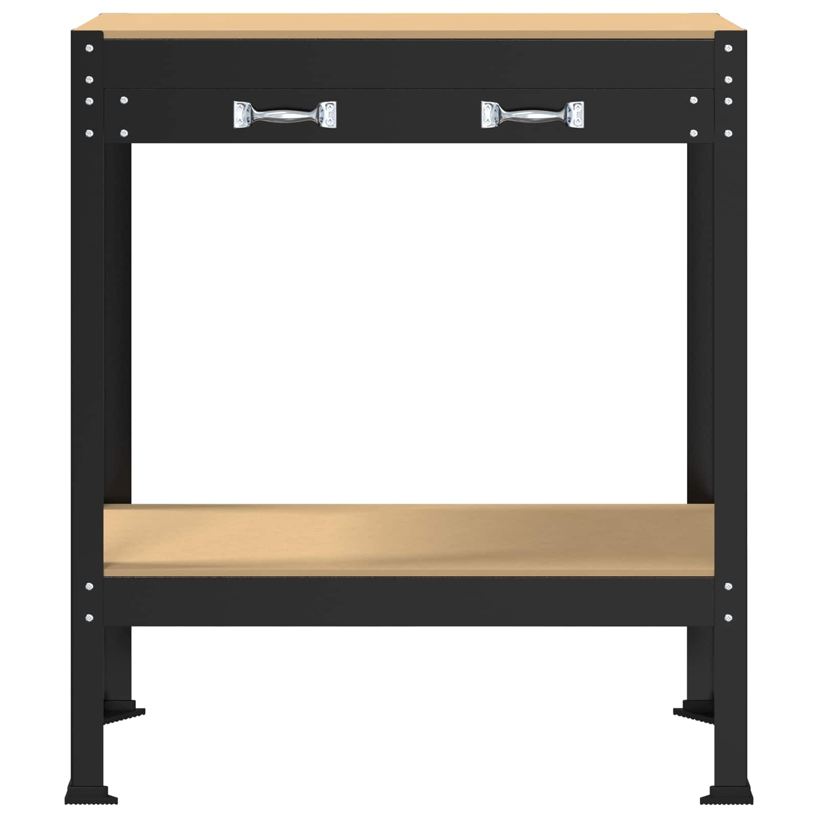 Banco de trabajo con estante y cajón, color negro, 80 x 40 x 91 cm, madera contrachapada y metal, superficie de trabajo estable con pared perforada y espacio de almacenamiento para taller