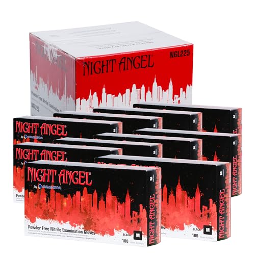 Adenna Night Angel Disposable Nitrile Gloves – 4 Mil, Powder Free Rubber Glove for Tattoo & Medical Use, Latex-Free, Tactile Sensitivity with Textured Grip, Case of 1000, Medium, Black