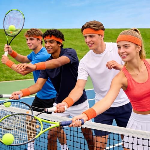 Image of Bememo 36 Pcs Neon Sweatbands Set Soccer Party Favors Cotton Headbands Wristband Sweat Bands Soccer Mom Essentials for Football Fans Sporting Events 80 90s Glow Party