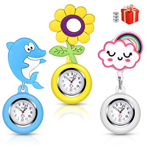 Krankenschwester Uhr, 3 Stück Schwesternuhren mit Clip, Schwesternuhr Ansteckuhr Fob, Pflegeuhr, Dehnbare Silikon Hülle, Glow Pointer im Dunkeln, Quarzwerk, Arzt Sanitäter Medizinische Brosche Fob Uhr Cover